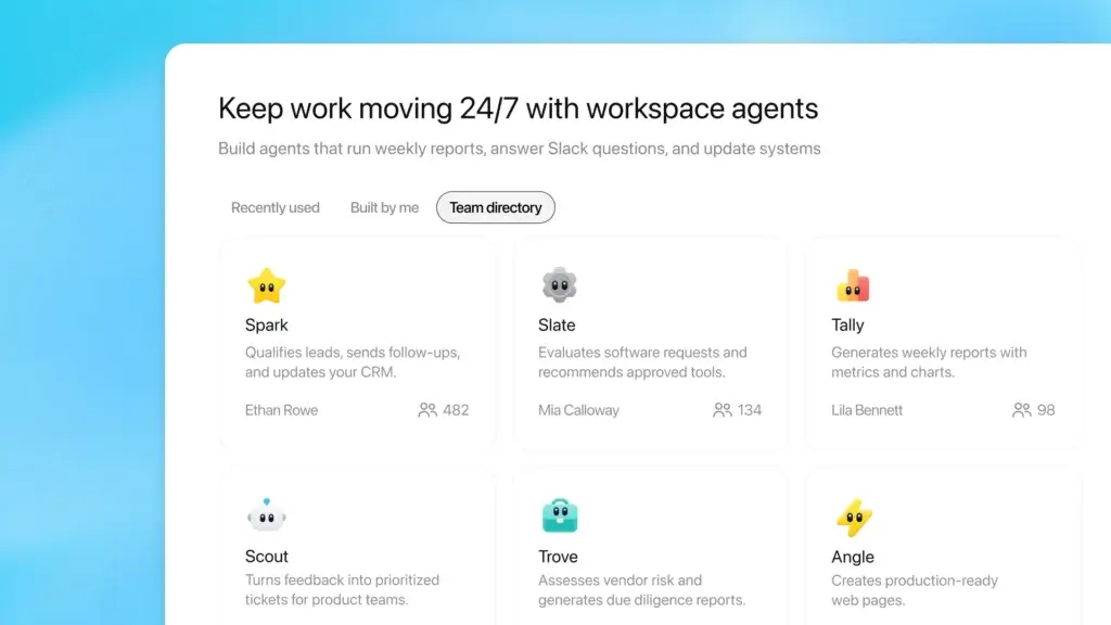 Workspace agents directory showing reusable AI agents for team workflows
