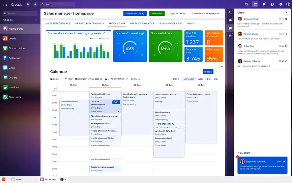 Creatio sales manager dashboard with calls, meetings, calendar, and chat panel