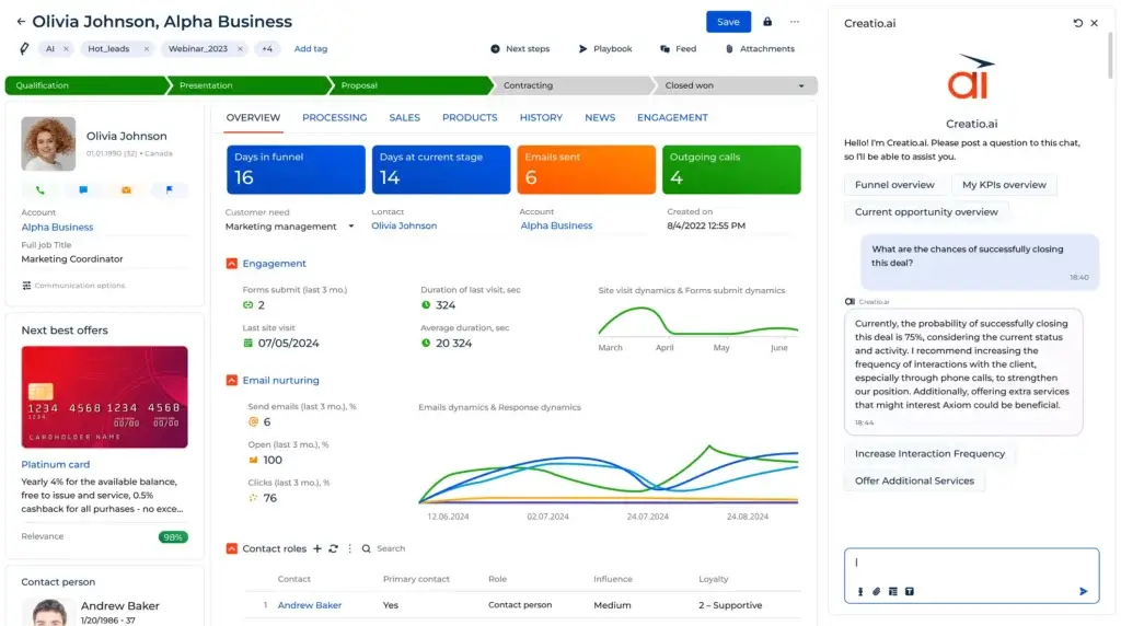 Creatio opportunity record with AI assistant, engagement data, and deal insights