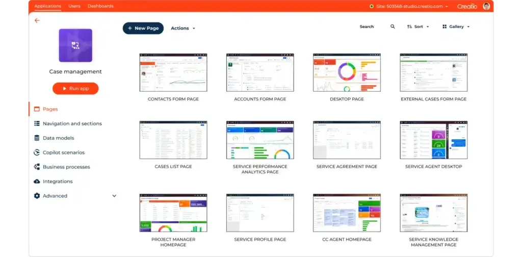 Creatio no-code app builder showing case management pages and business process tools