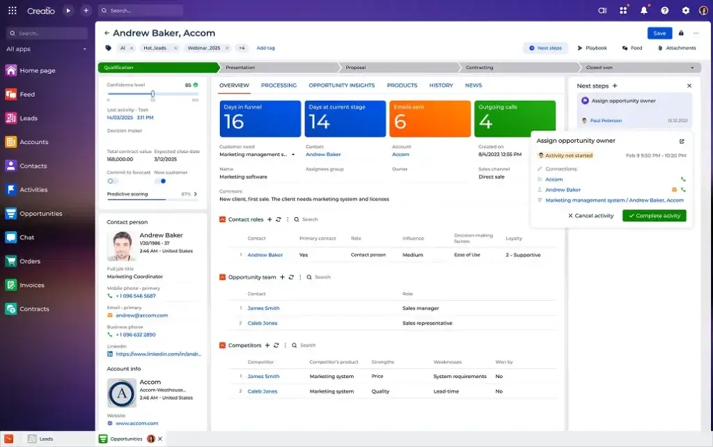 Creatio sales opportunity page with pipeline stages, contacts, competitors, and next steps