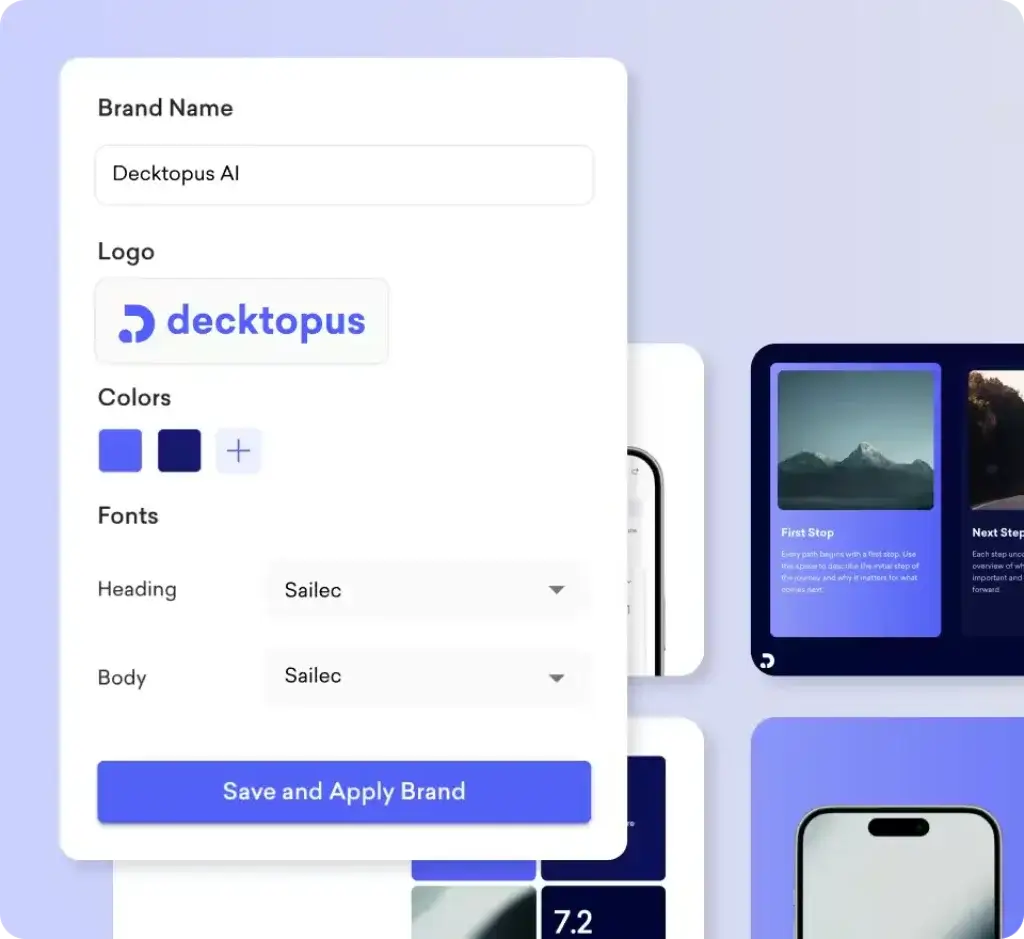 Decktopus AI brand kit with logo, colors, fonts, and branded slide previews