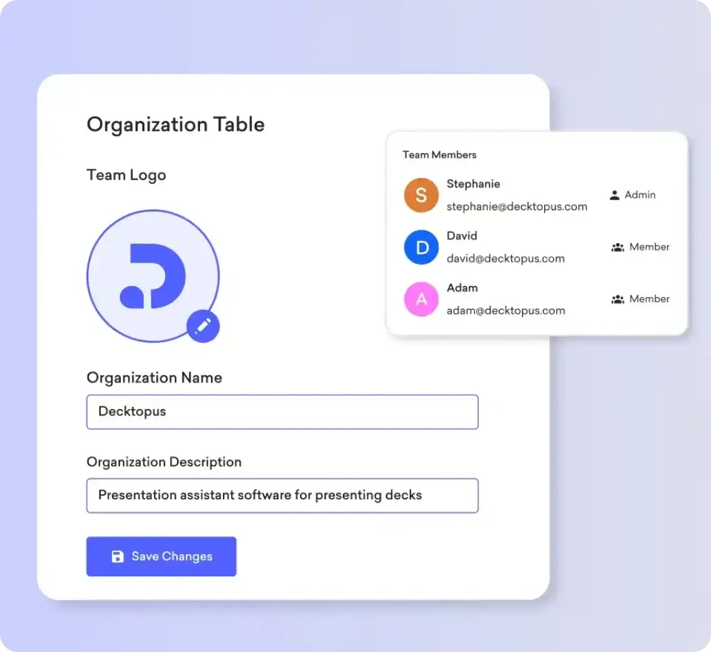 Decktopus organization settings with team members, roles, and workspace branding