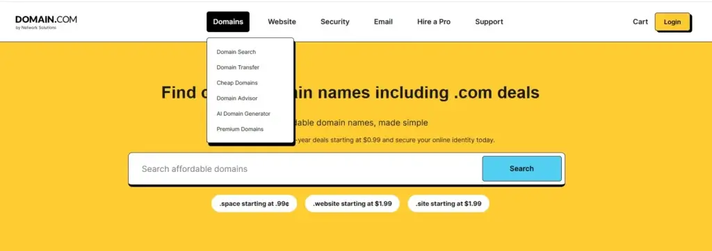 Domain.com review showing domain search, hosting, website builder, and email tools