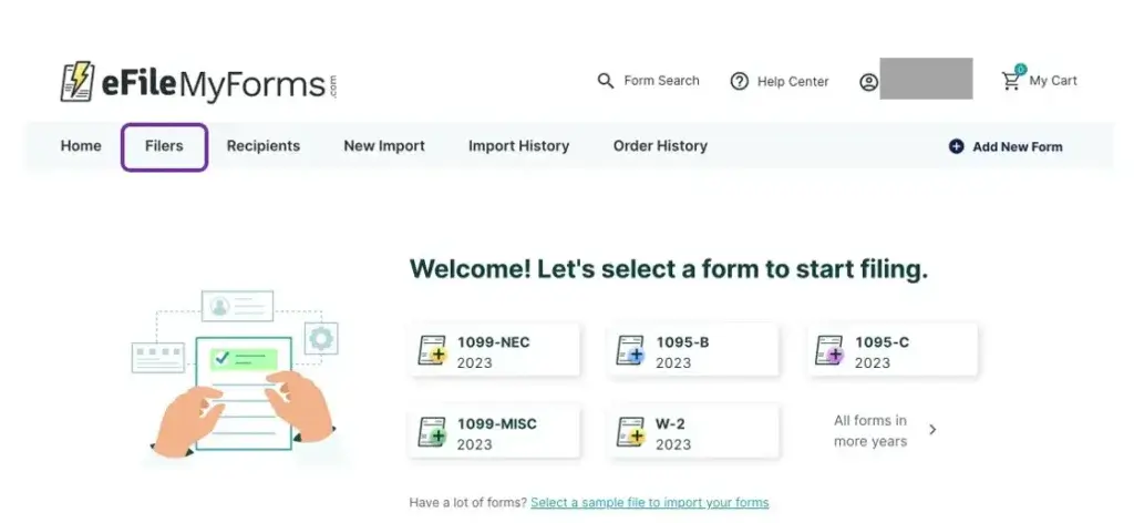 eFileMyForms dashboard for selecting 1099, W-2, and ACA tax forms