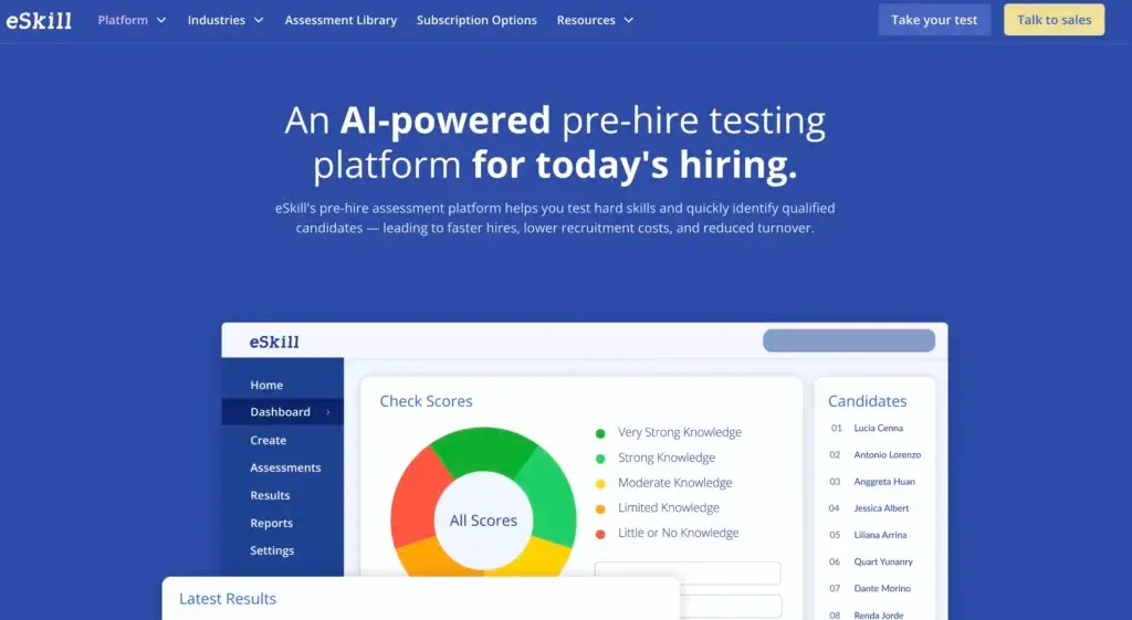 eSkill homepage showing AI-powered pre-hire testing and candidate score dashboard
