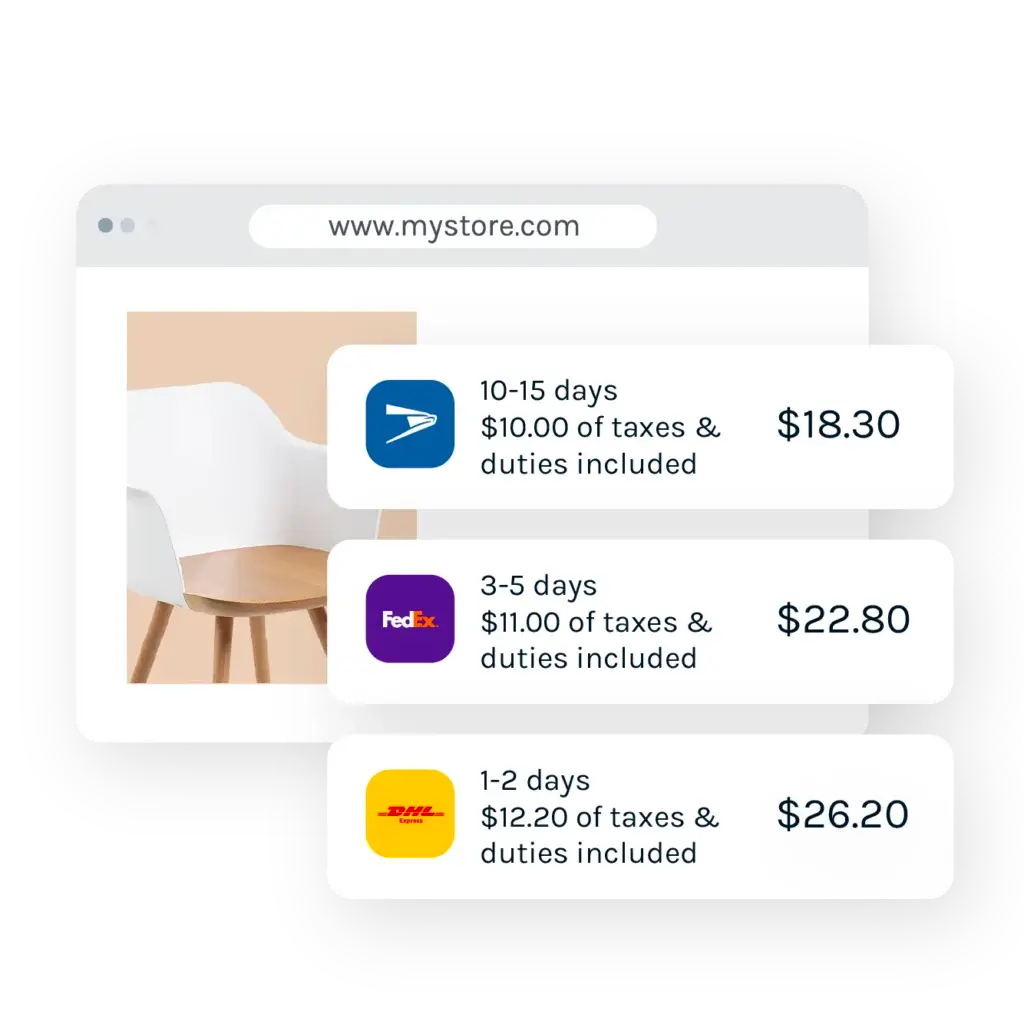 Easyship checkout shipping rates showing USPS, FedEx, and DHL delivery options with duties included