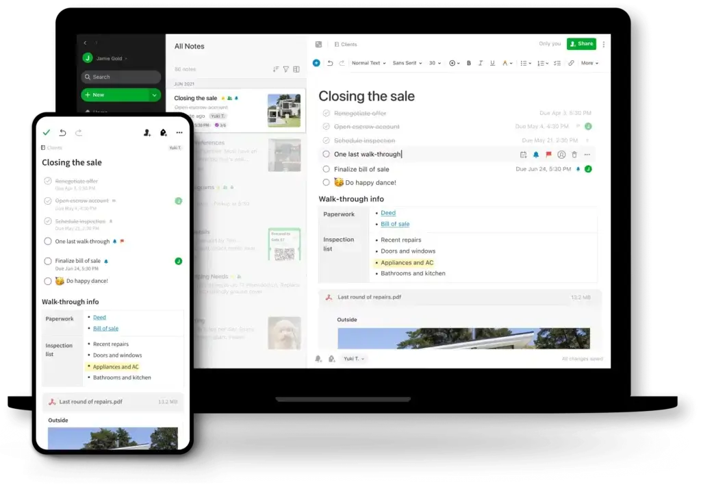 Evernote task note synced across desktop and mobile devices