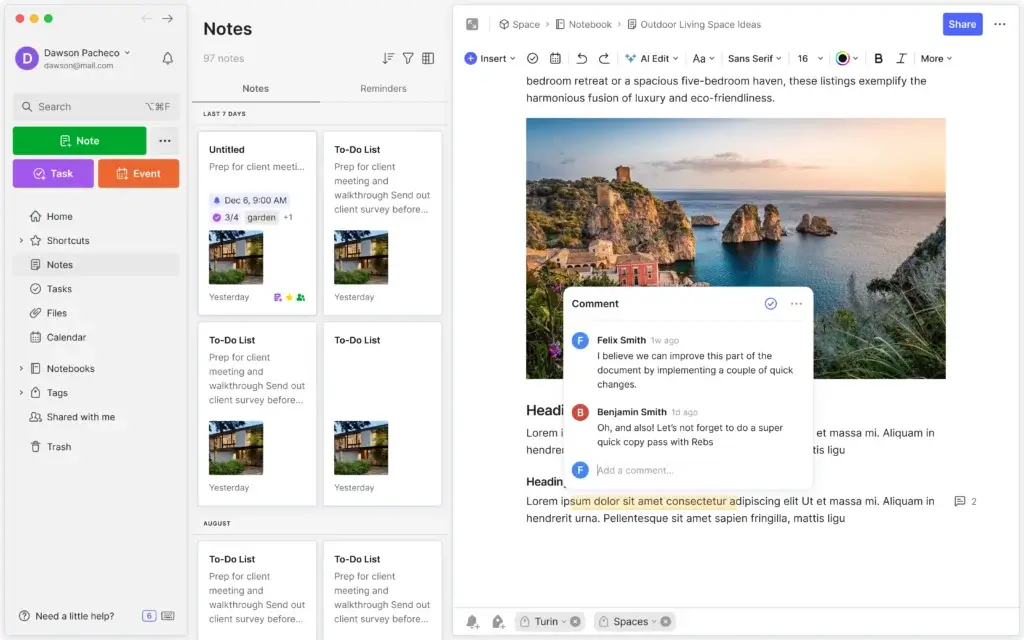 Evernote note editor with comments, shared notes, tasks, and document collaboration