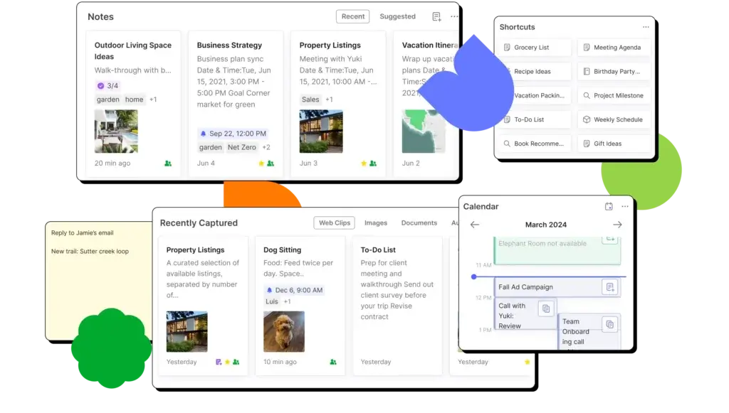 Evernote dashboard widgets for notes, shortcuts, recent captures, tasks, and calendar