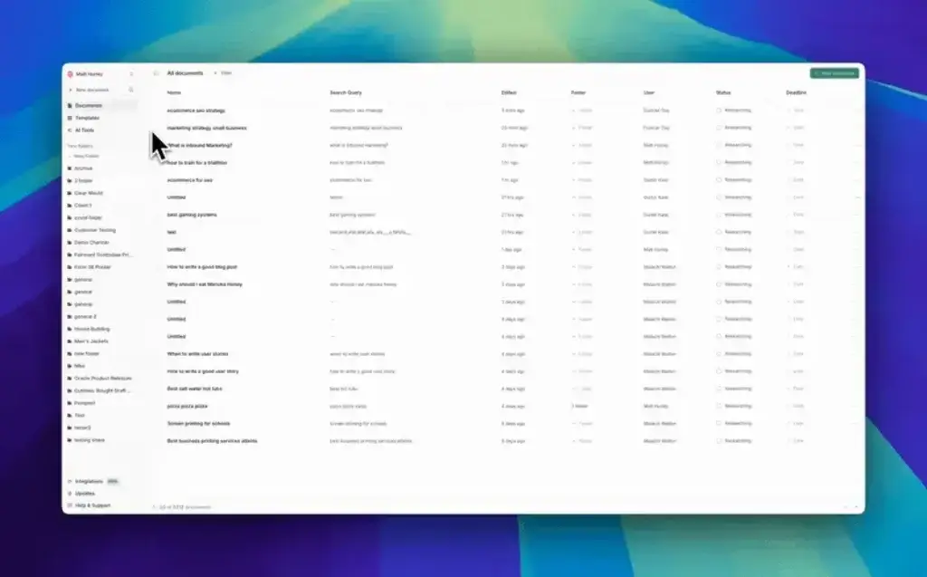 Frase 2.0 content workspace showing AI documents, search queries, folders, users, status, and deadlines
