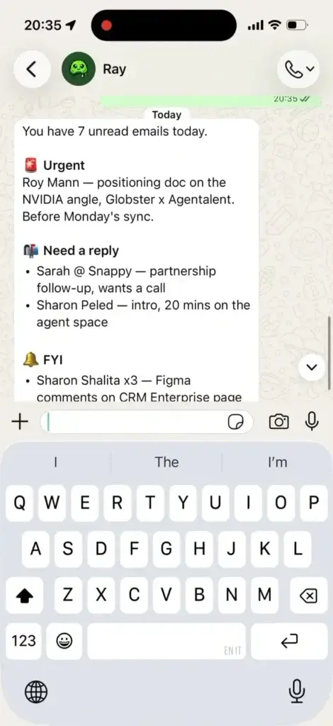 Globster.ai AI agent summarizing unread emails in WhatsApp