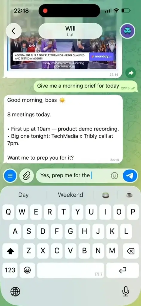 Globster.ai WhatsApp agent giving a daily meeting brief