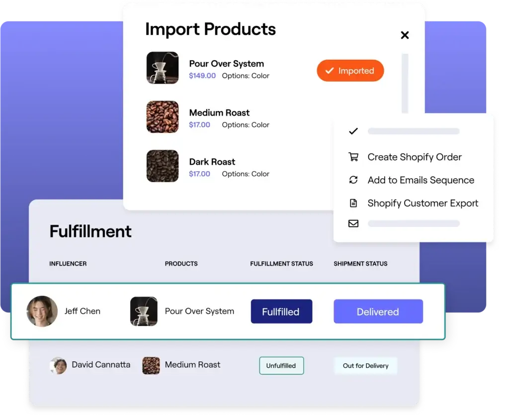 GRIN product fulfillment workflow showing imported products, Shopify order creation, email sequences, and shipment status for creator campaigns.