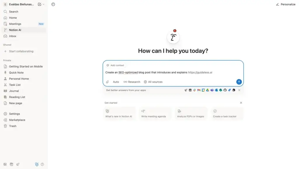 Notion AI workspace showing a prompt to create an SEO blog post about Guideless.AI
