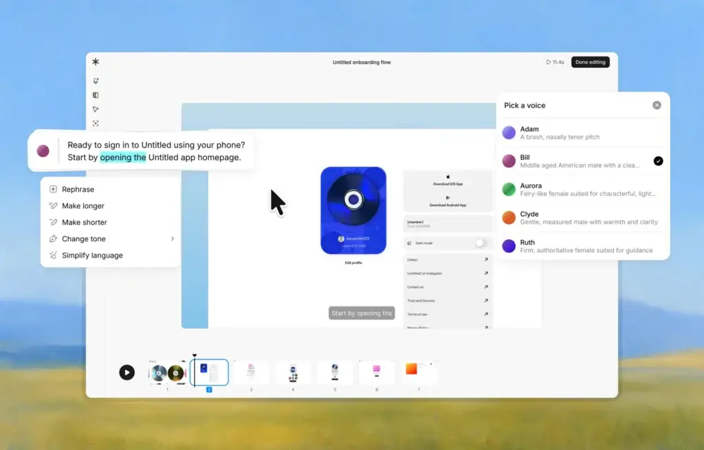 Guideless AI editor with voice selection, captions, and workflow guide steps
