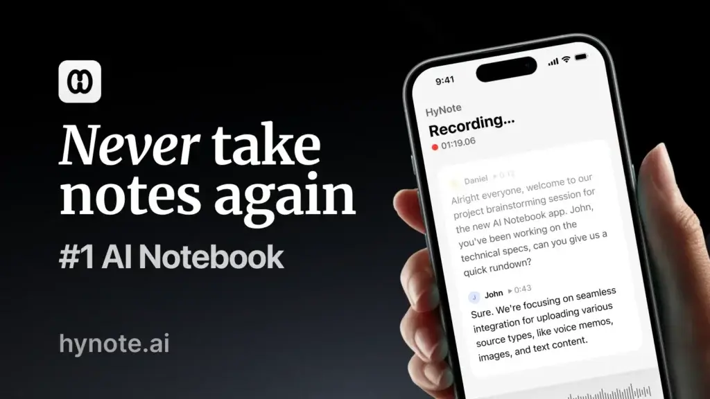 HyNote AI notebook app recording and transcribing meeting notes on mobile