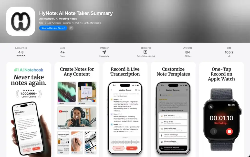 HyNote App Store listing showing AI note taker features and 4.8 rating