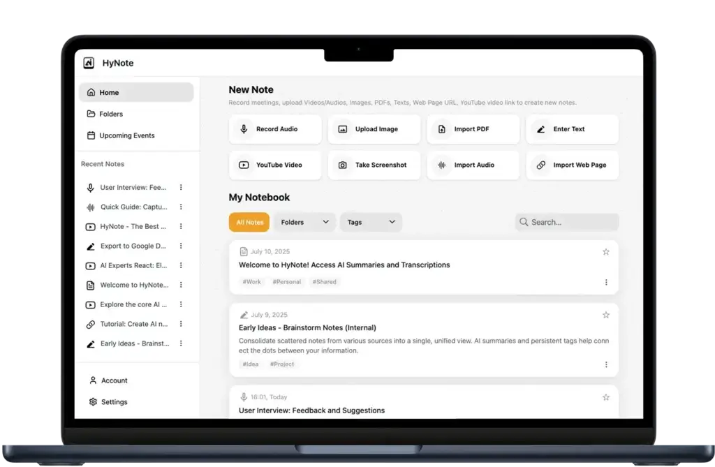 HyNote web dashboard with options to record audio, upload images, import PDFs, and capture web pages