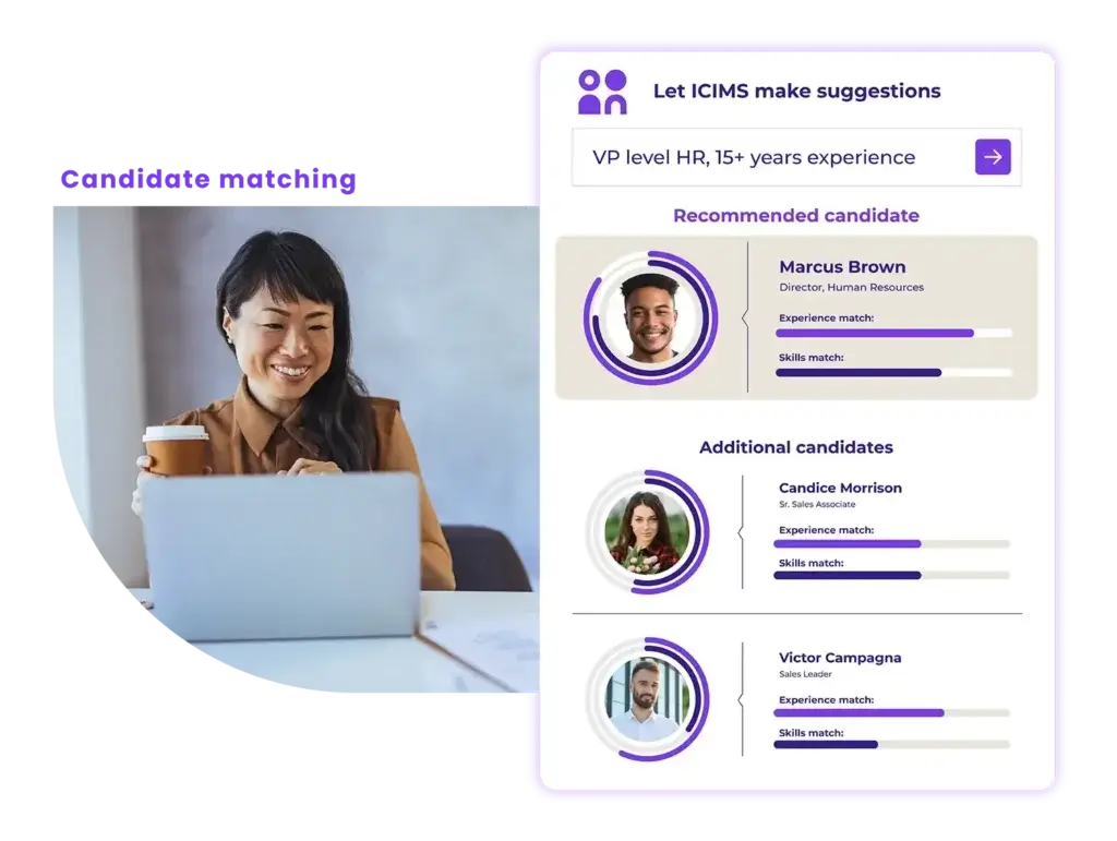 iCIMS Hire ATS showing AI candidate recommendations for recruiters