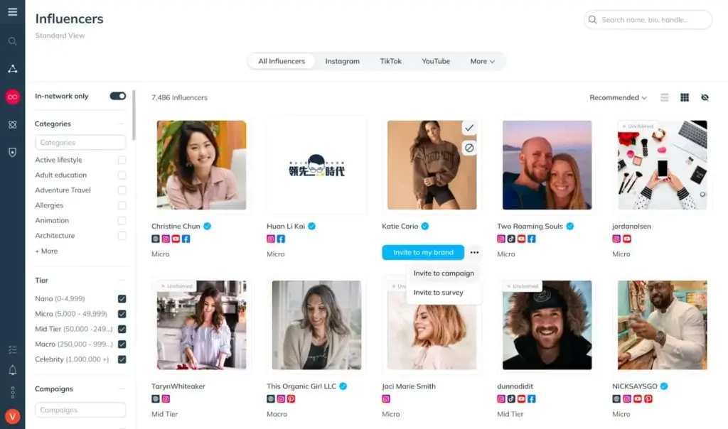 impact.com Creator influencer discovery dashboard with creator profiles, audience categories, social channels, follower tiers, and campaign invitation options.