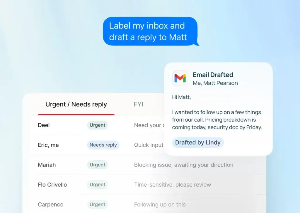 Lindy AI agent labeling inbox messages and drafting an email reply