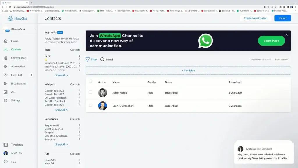 Manychat contacts dashboard showing subscriber profiles, tags, segments, widgets, and contact filters