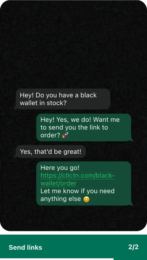 Manychat WhatsApp automation example showing a customer asking about product availability and receiving an order link