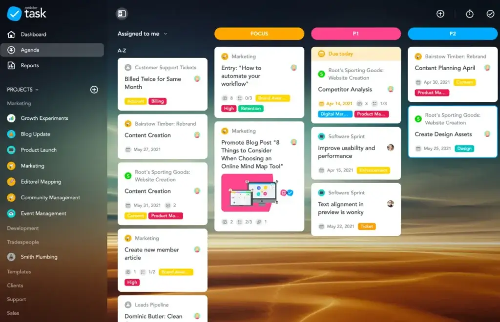 MeisterTask Agenda view showing assigned tasks and project priorities
