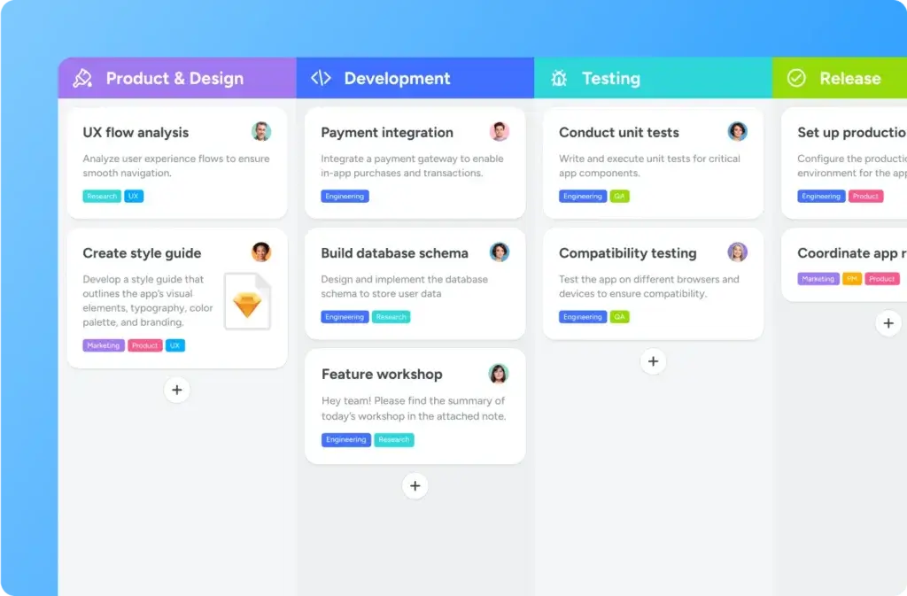 MeisterTask Kanban board showing project tasks across workflow stages
