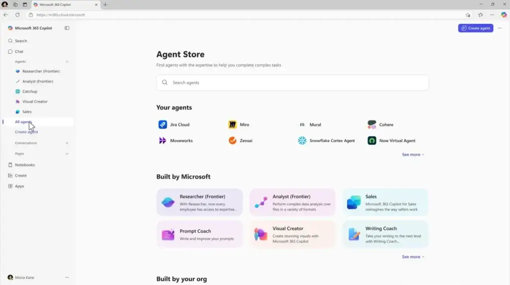 Microsoft 365 Copilot Agent Store with built-in and third-party AI agents