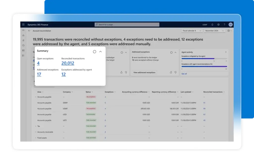 Dynamics 365 Finance account reconciliation screen with AI-assisted exceptions