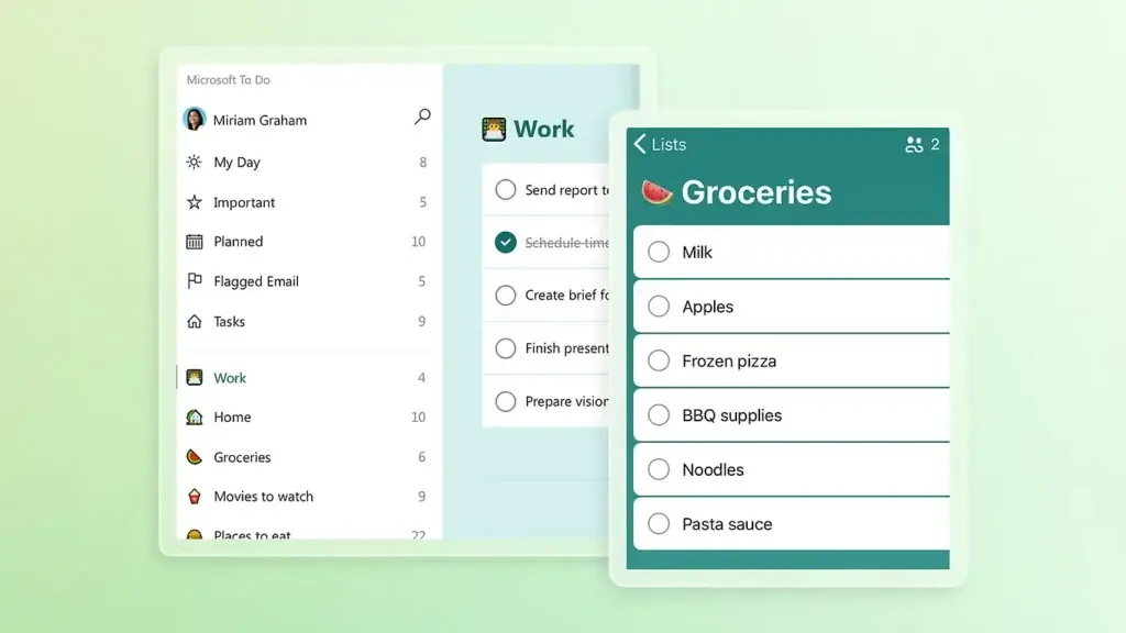 Microsoft To Do interface showing My Day, planned tasks, flagged email, and grocery lists