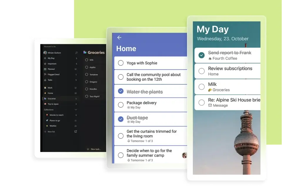 Microsoft To Do app showing My Day and task lists across devices