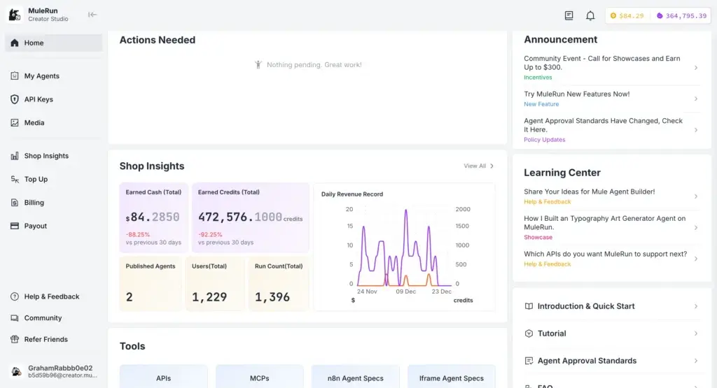 Mulerun Creator Studio dashboard with shop insights and agent earnings