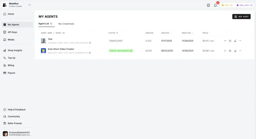 Mulerun My Agents page showing published AI agents and pricing per run