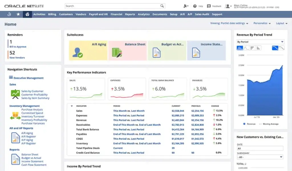 NetSuite ERP home dashboard with KPIs, reminders, revenue trends, and navigation shortcuts