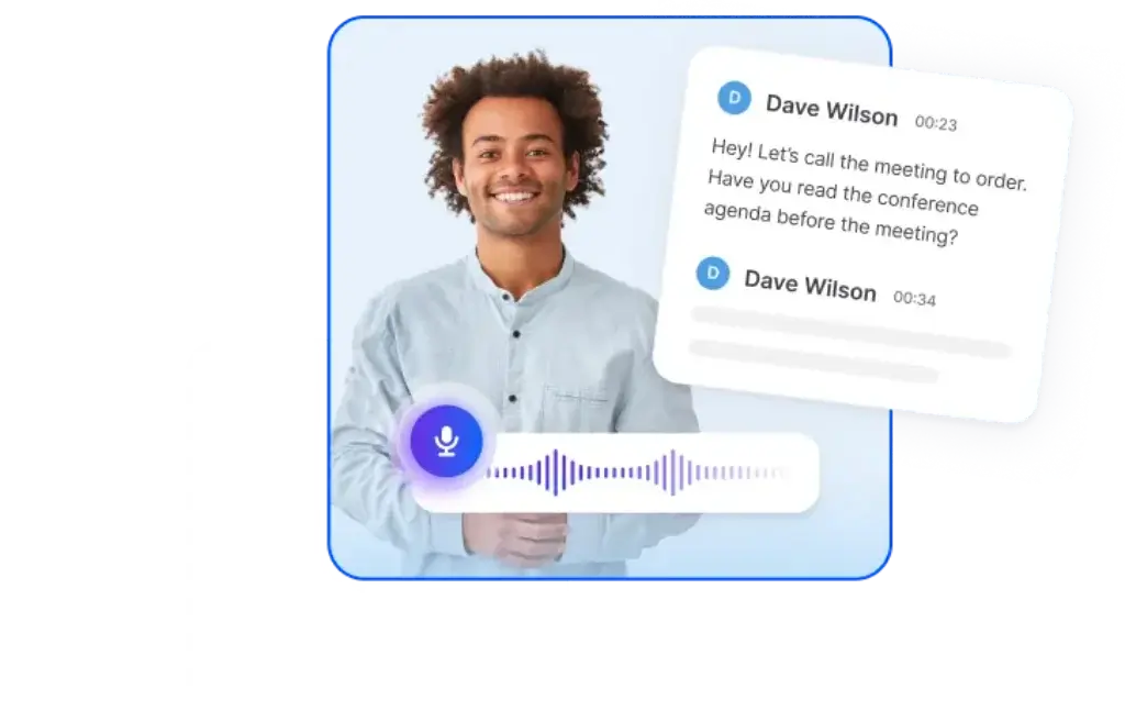 Noota AI transcription interface showing a speaker recording and meeting transcript card