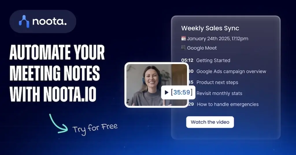 Noota AI meeting notes tool showing a weekly sales sync summary and video playback