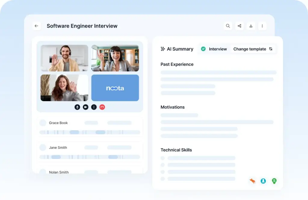 Noota interview summary dashboard for a software engineer interview with AI-generated notes