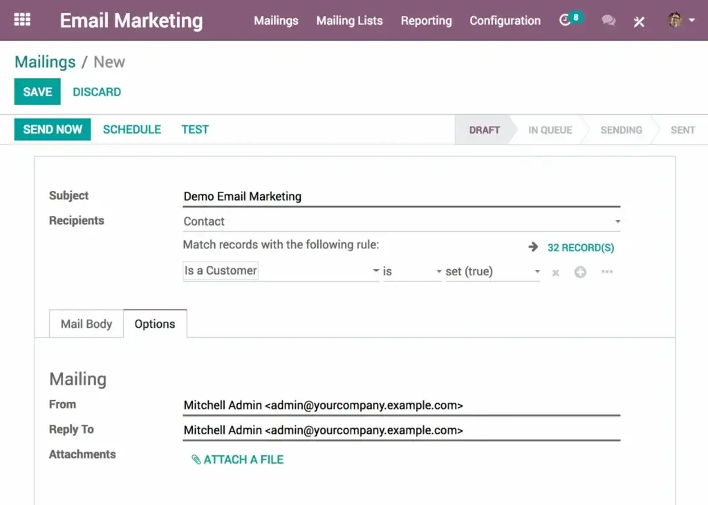 Odoo Email Marketing mailing setup with recipient filters and scheduling options
