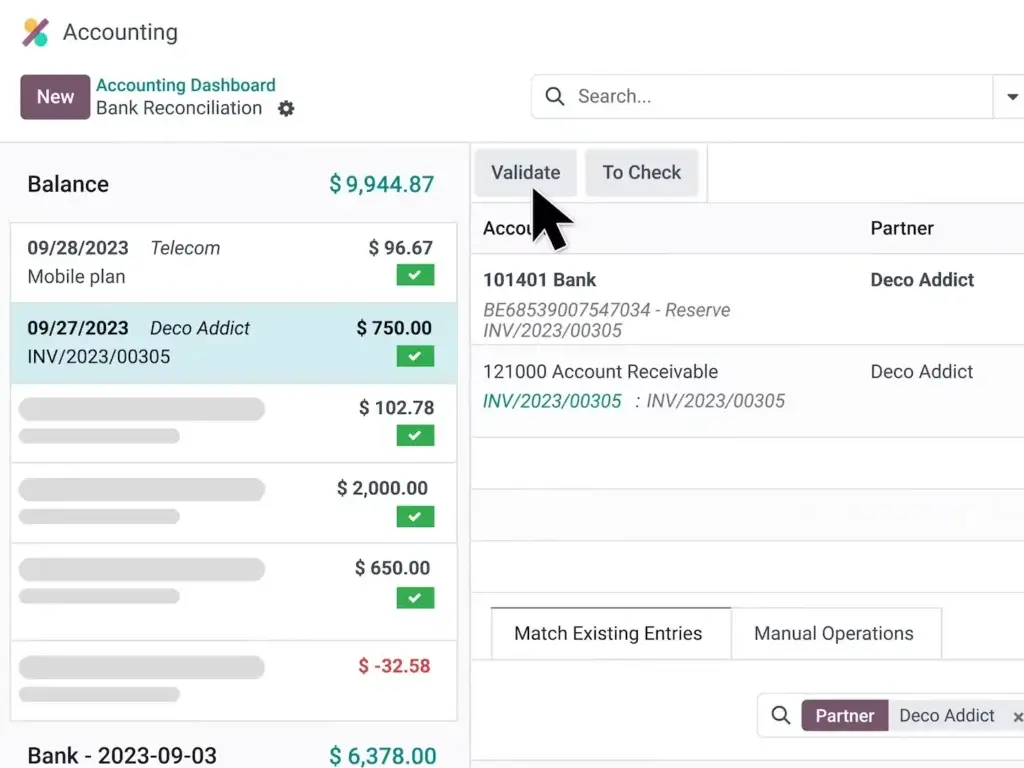 Odoo bank reconciliation screen matching payments and accounting entries