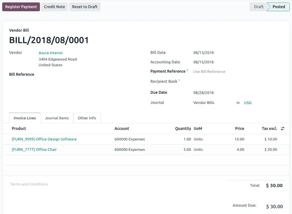 Odoo vendor bill screen showing bill details, invoice lines, and payment status