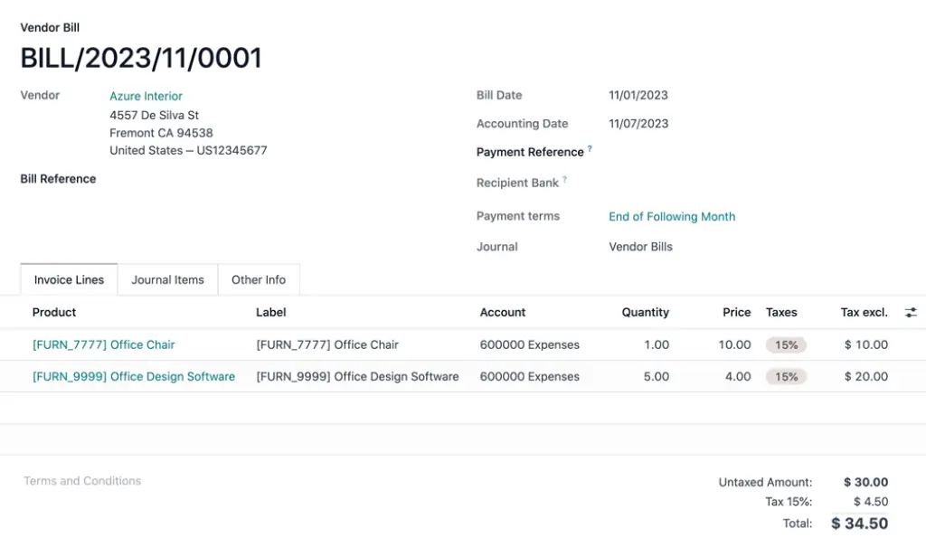 Odoo vendor bill with invoice lines, tax amount, and total payable