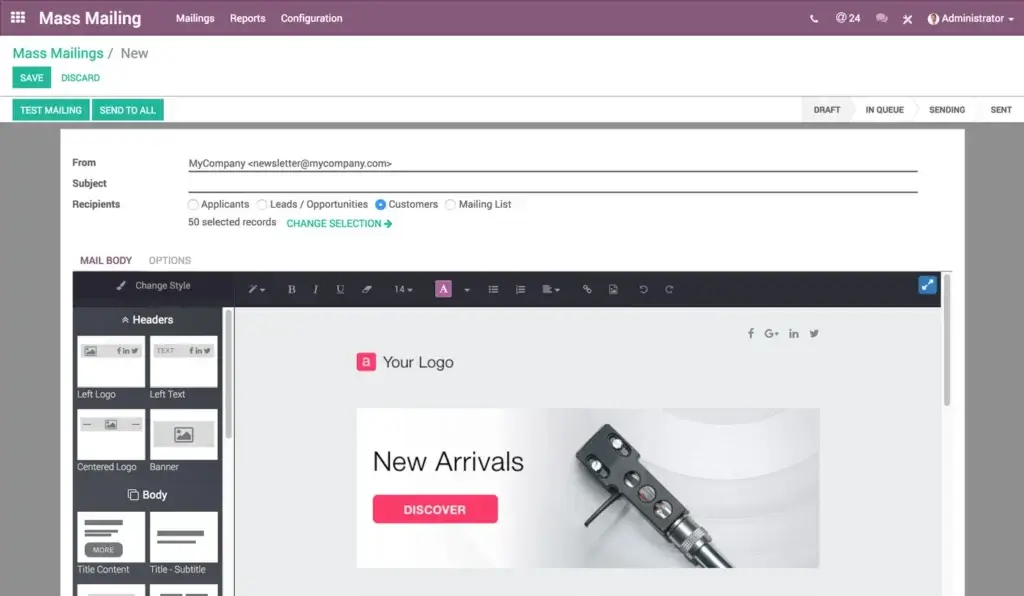 Odoo mass mailing editor with drag and drop email campaign builder
