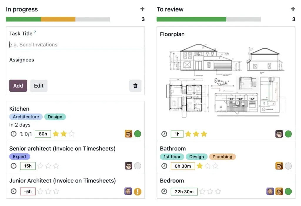 Odoo project management board with task stages, assignees, floorplan files, time tracking, and progress indicators