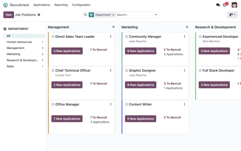 Odoo Recruitment job positions grouped by department