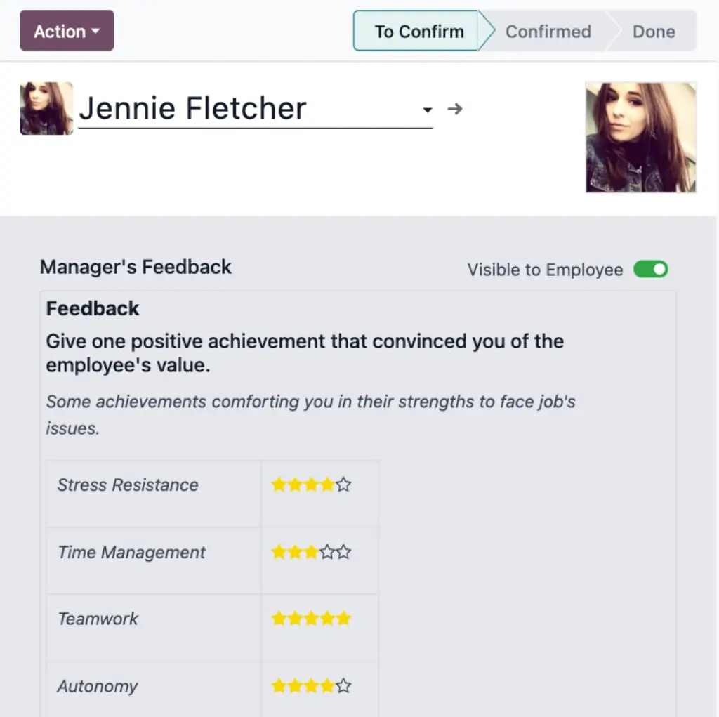Odoo Appraisals manager feedback and performance ratings