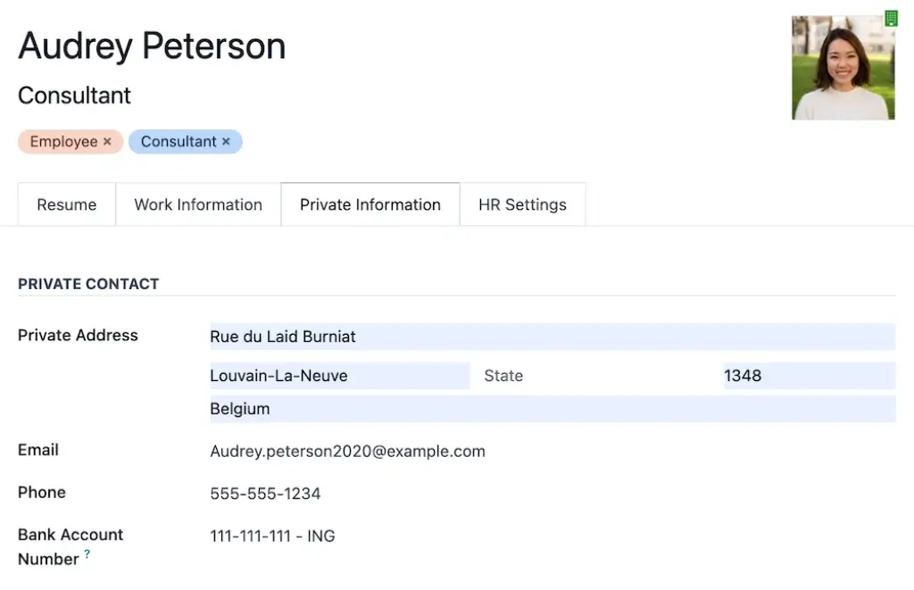 Odoo HR employee profile with private contact details
