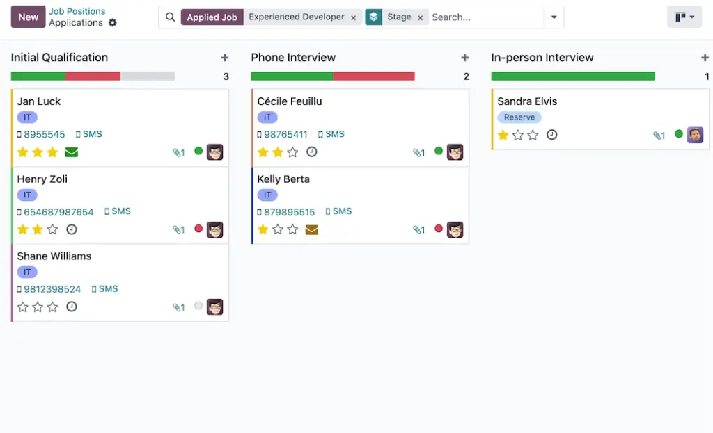 Odoo Recruitment applicant pipeline with hiring stages
